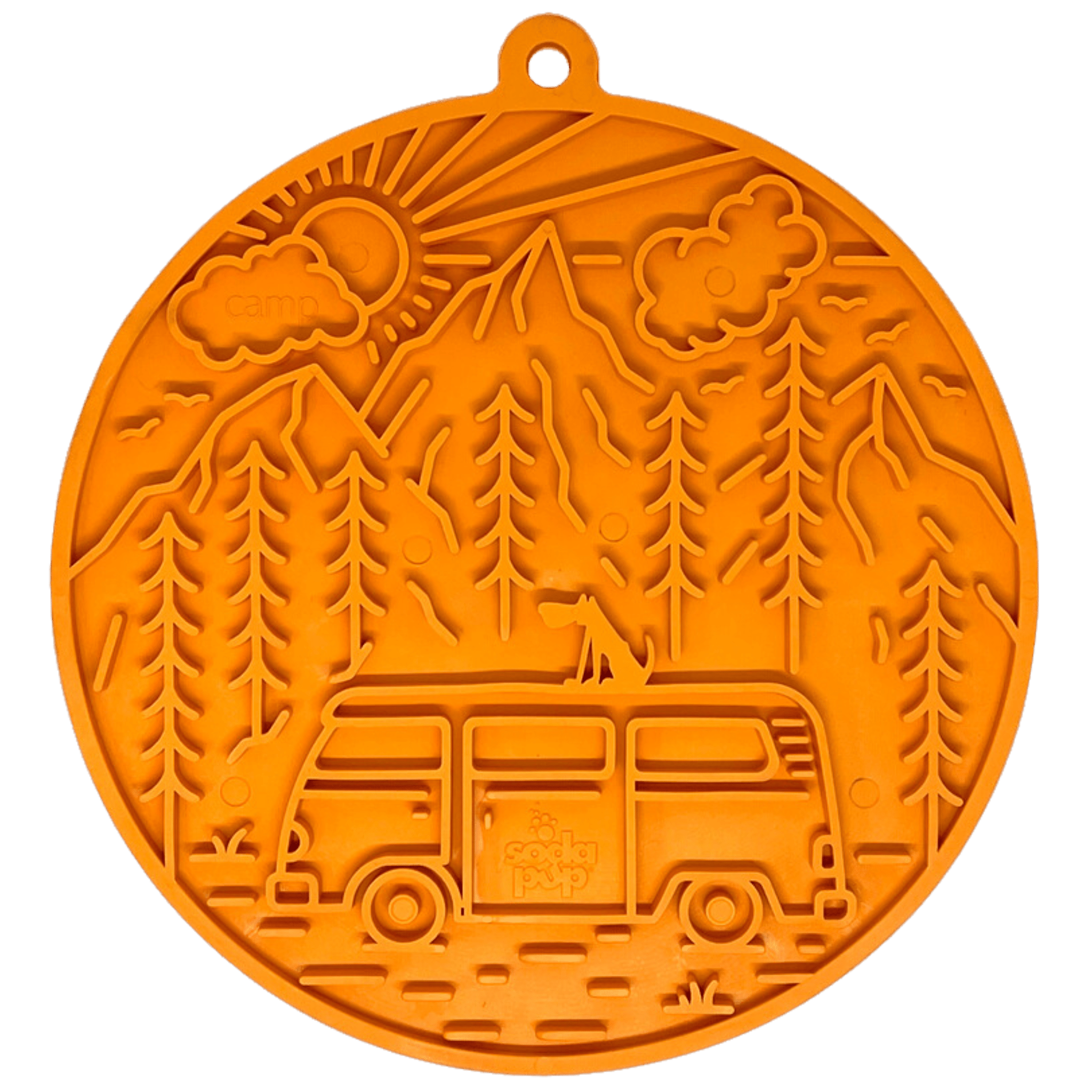 A product picture Farmto-pettreats and Sodapup Orange Lick Mat with trees, sun, mountains and camper with dog on top. 