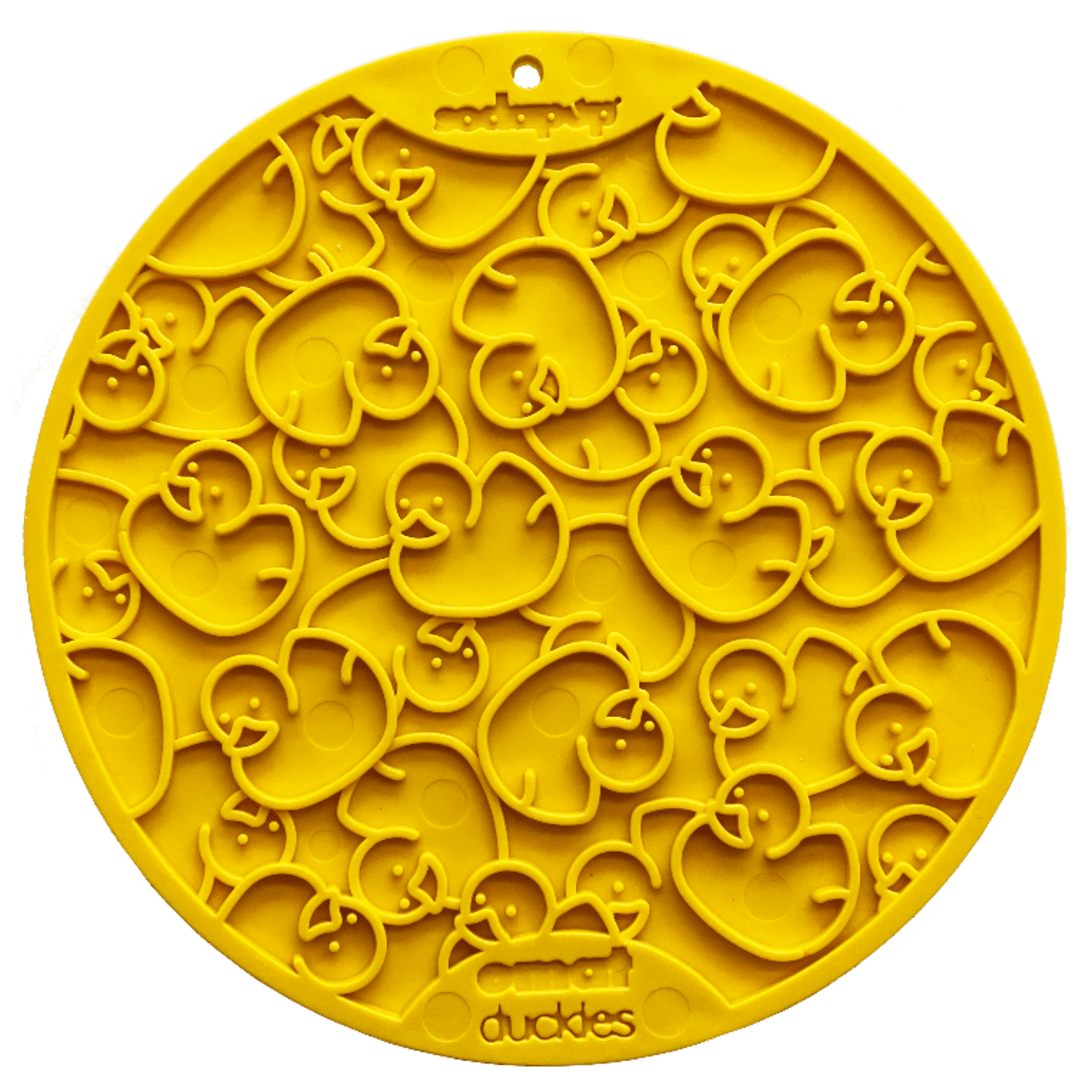 A product picture of Farmto-pettreats and Sodapup Yellow Duck Lick Mat with many ducks on the design.