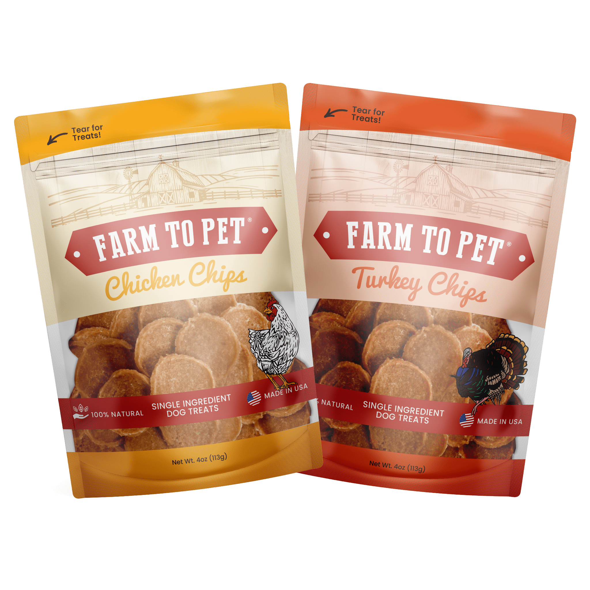 Two Products of Farmto-pettreats Poultry Power Chicken & Turkey Pack Front of bags.  
