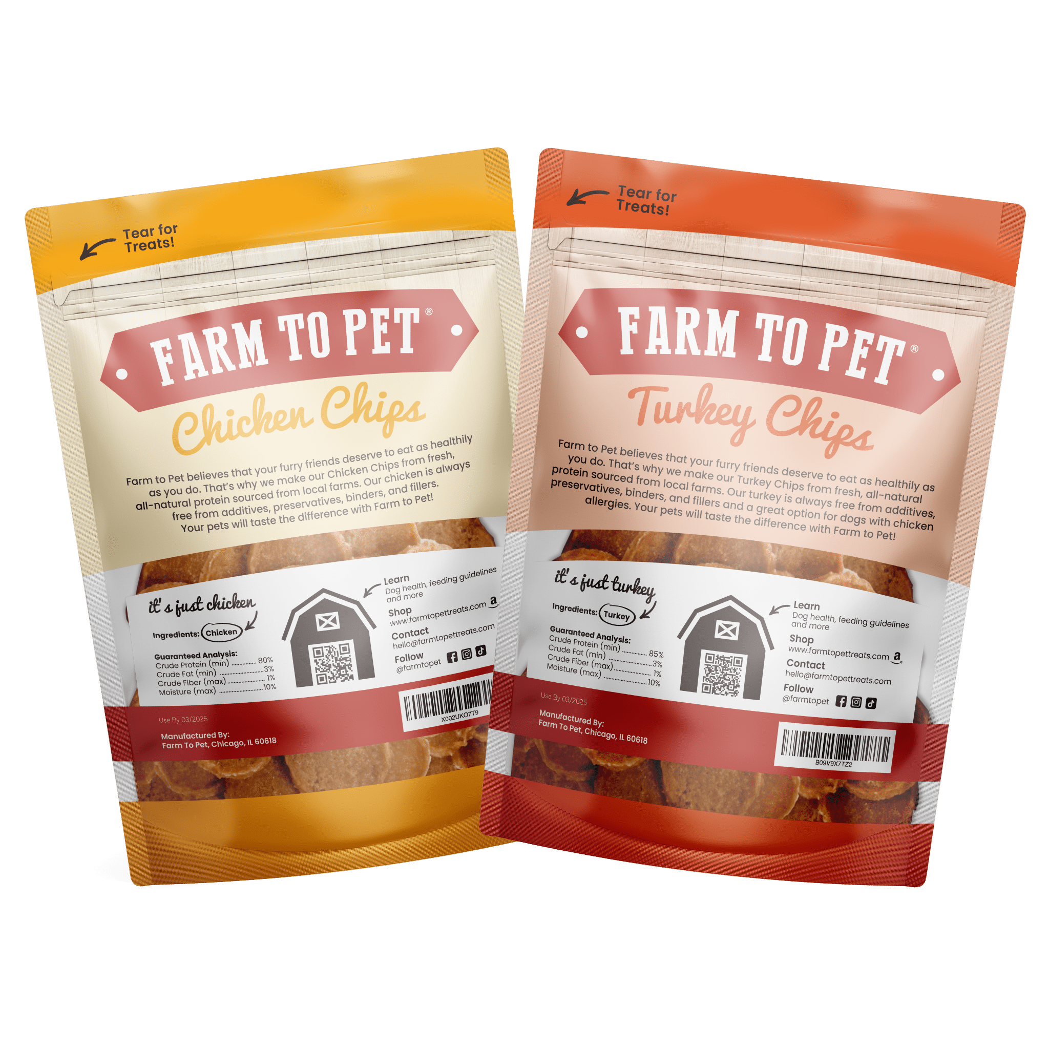 Products of Farmto-pettreats Poultry Power Chicken & Turkey Pack back of bags.
