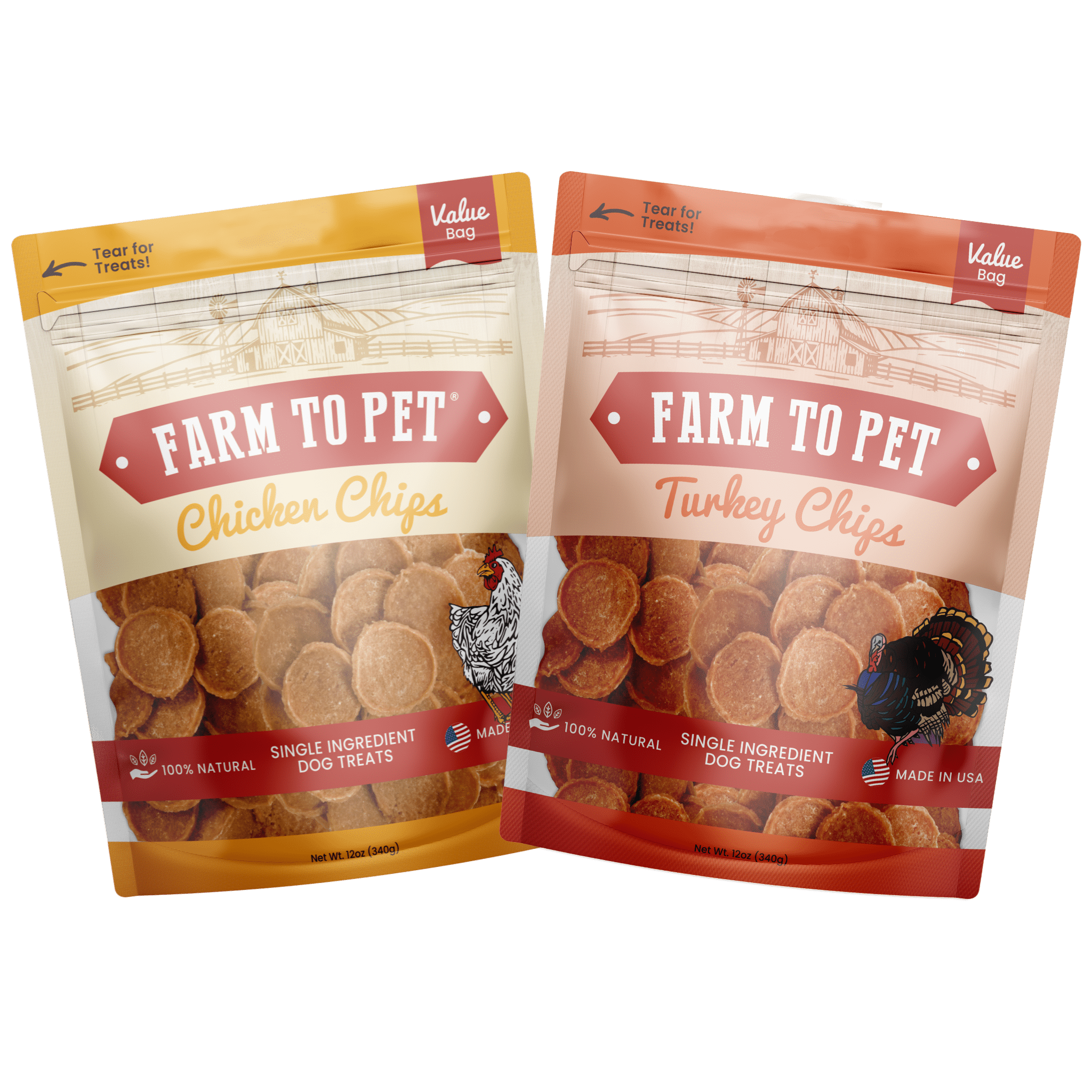 Product Picture of Value Packs of Chicken and Turkey Chips 12 oz bags.
