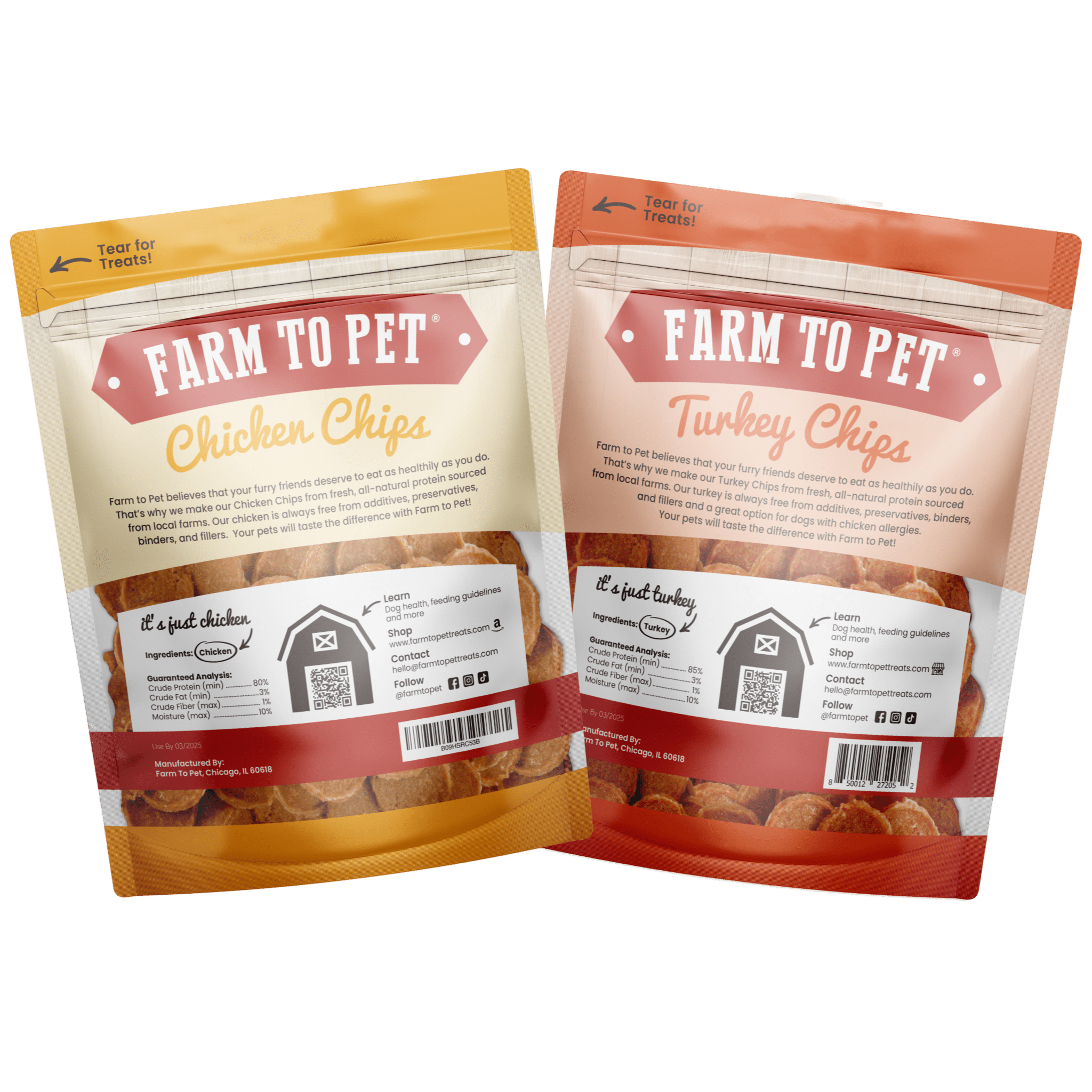 Product  picture of the back  of two bags  of Farmto-pettreats Chicken and Turkey Chips.