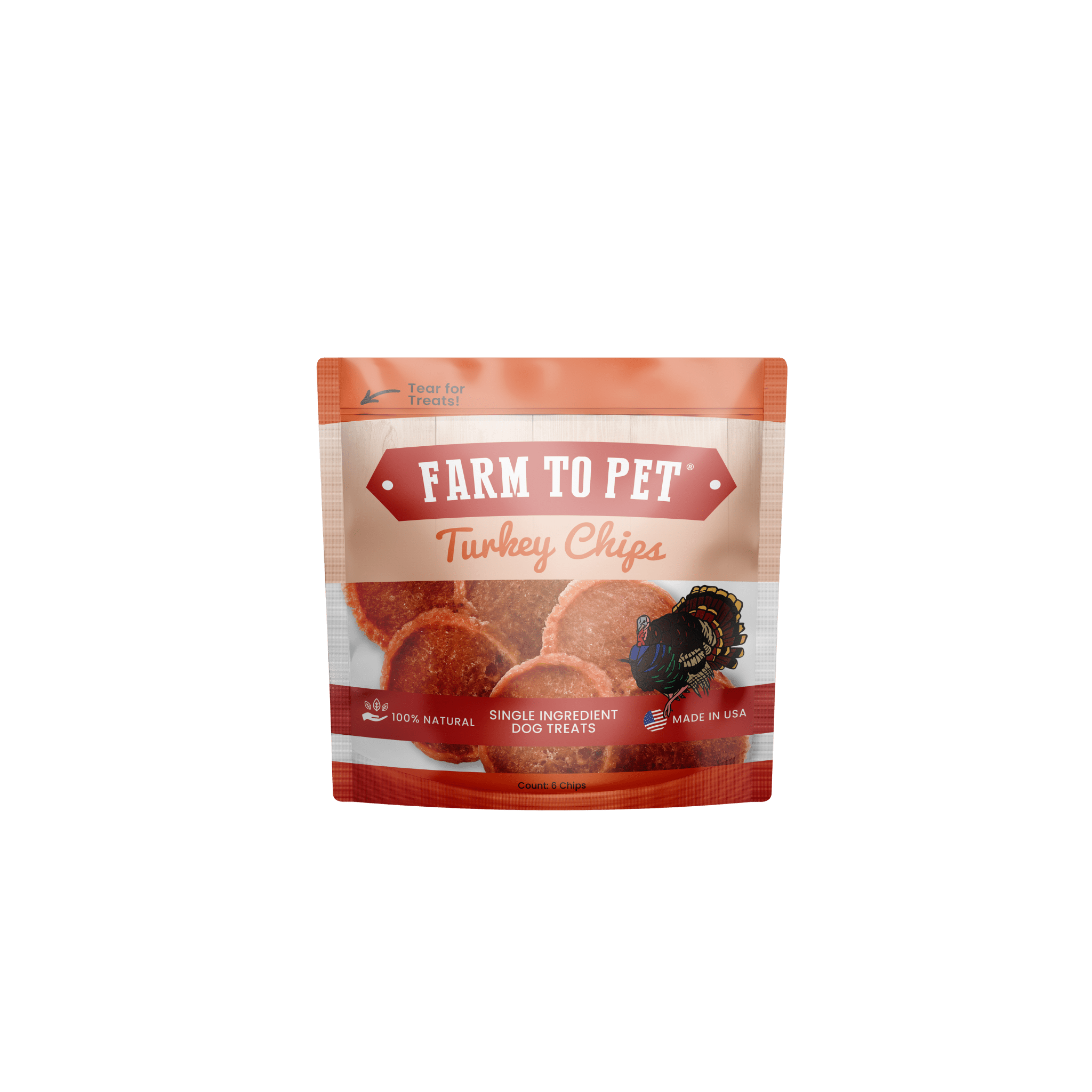 Product picture of the front of a bag Farmto-pettreats Turkey Chips Snack Pack on a white back ground.