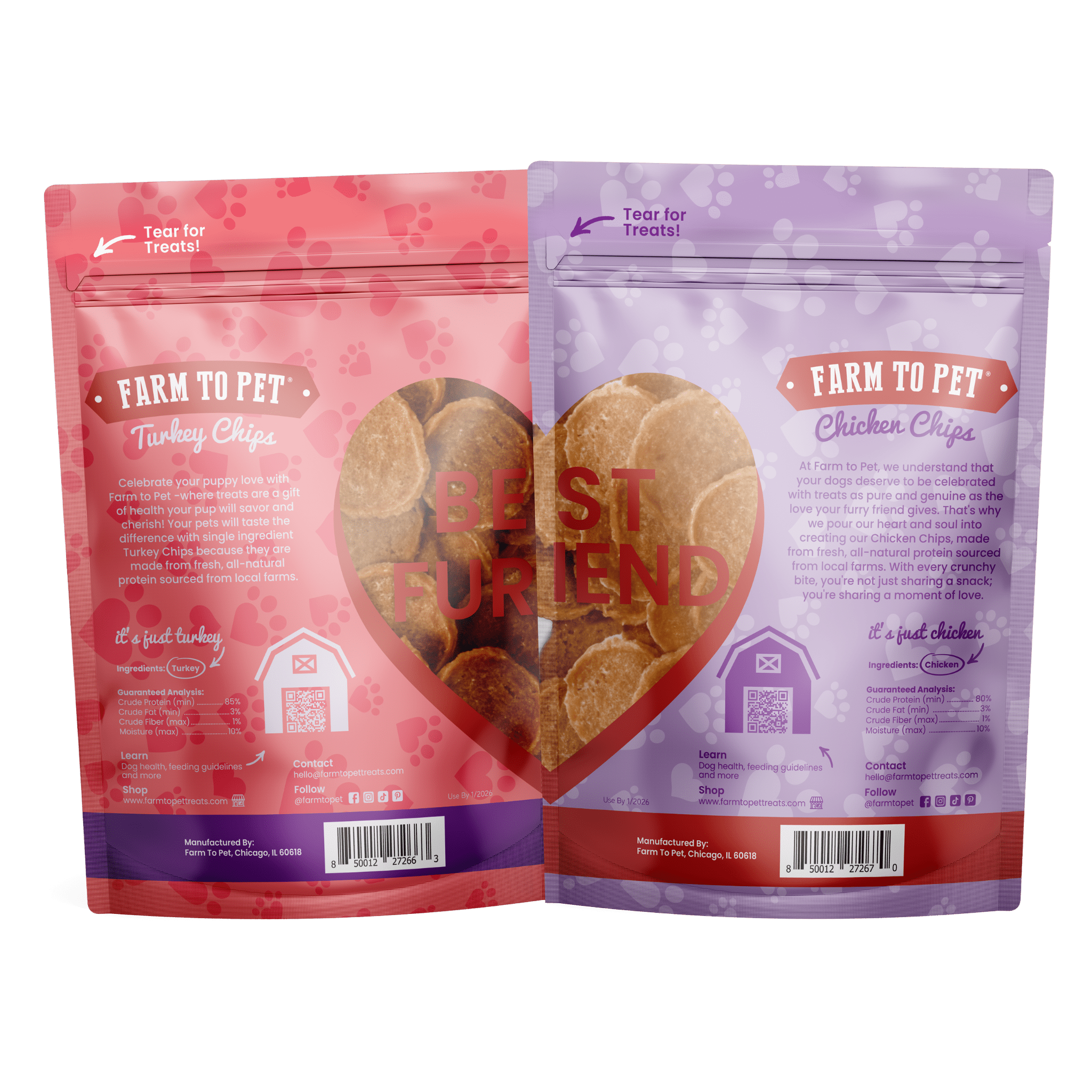 Product Picture of the back Farmto-pettreats Valentine Treat Pink Love Turkey Bag and Purple Love Chicken Chips bags out together create a heart with white background. 