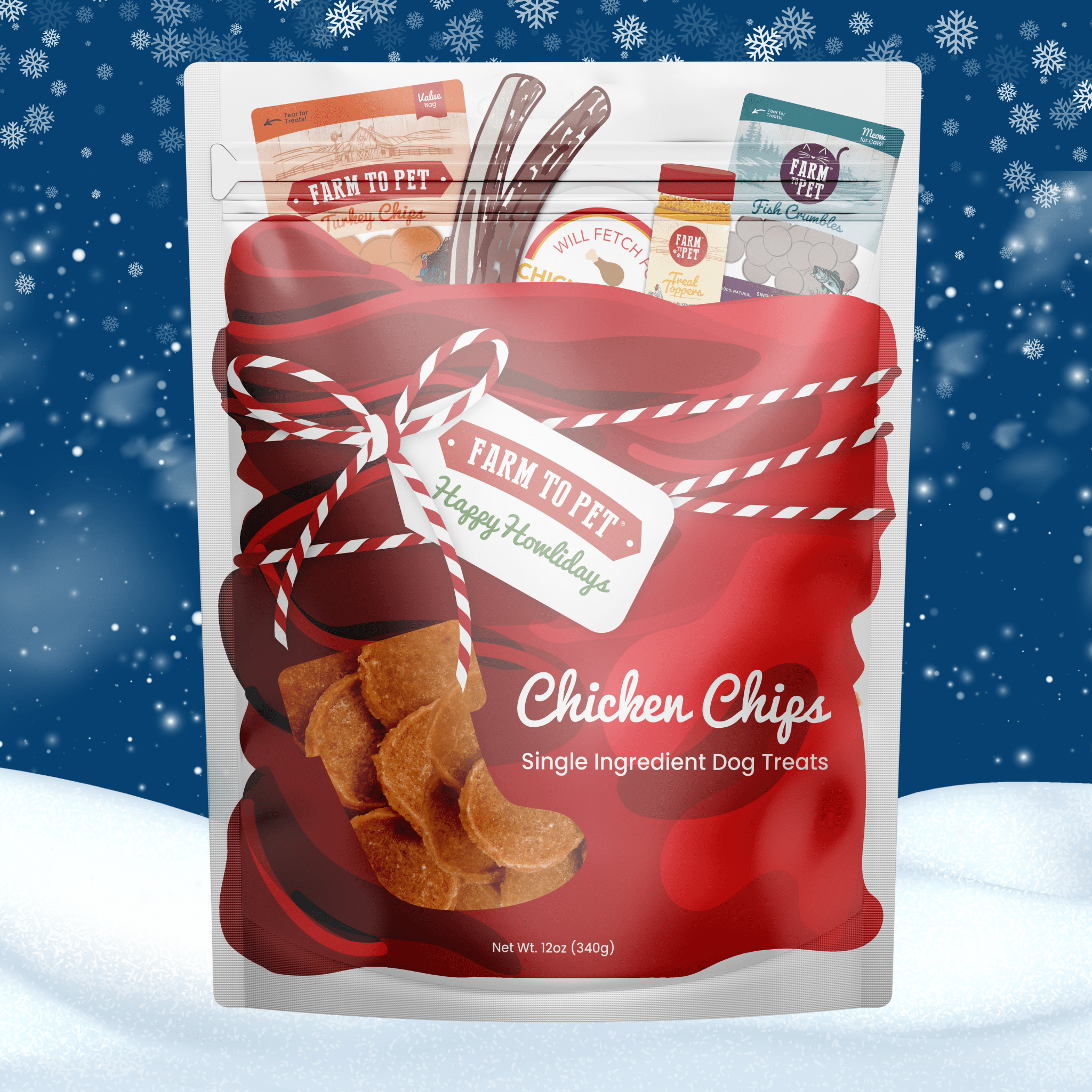 Bag of Farmto-pettreats Chicken Chips dog treats with a festive design on a snowy background